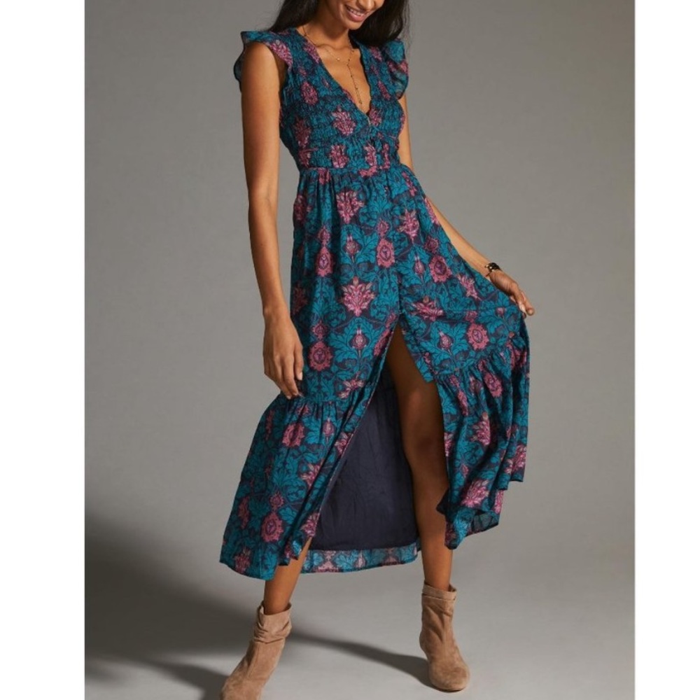 Anthropologie Blue and Pink Floral Maxi Dress